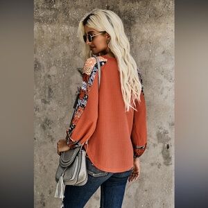 Thermal Floral Puff Sleeves Top Small Orange